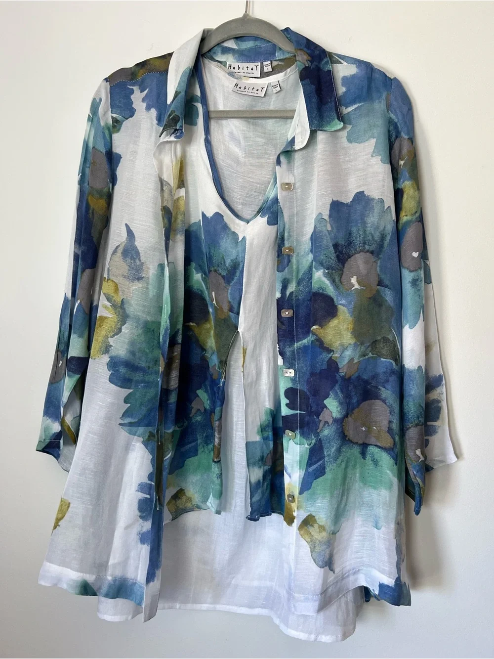 Habitat 2 Piece Button-Front Shirt & Tank Watercolor Floral Spring Linen Blend - Picture 1 of 16